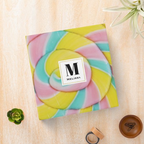 Pastel Rainbow Spiral Candy Photo Monogram 3 Ring Binder