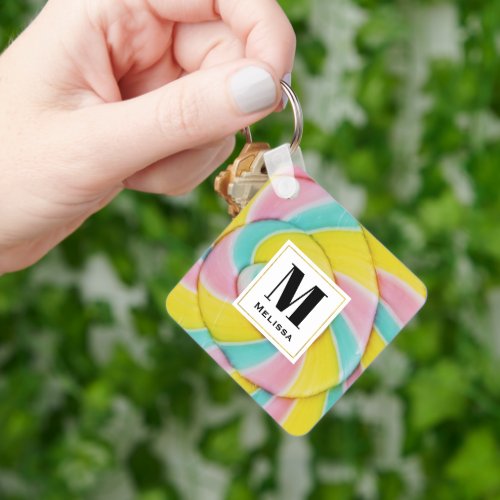 Pastel Rainbow Spiral Candy Photo Monogram Keychain