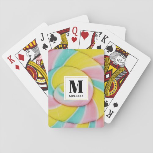 Pastel Rainbow Spiral Candy Photo Monogram Poker Cards