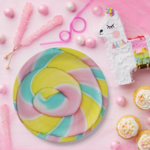 Pastel Rainbow Spiral Candy Photo Paper Plates