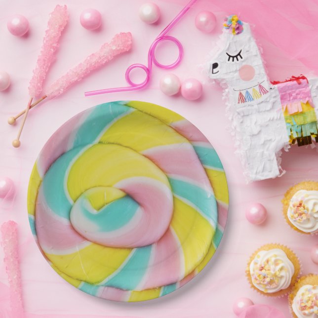 Pastel Rainbow Spiral Candy Photo Paper Plates (Party)