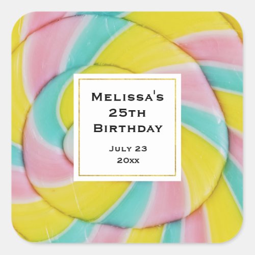 Pastel Rainbow Spiral Candy Photo Party Square Sticker