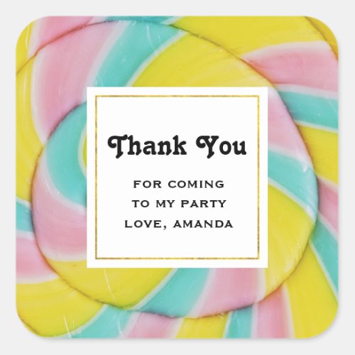 Pastel Rainbow Spiral Candy Photo Party Thank You Square Sticker
