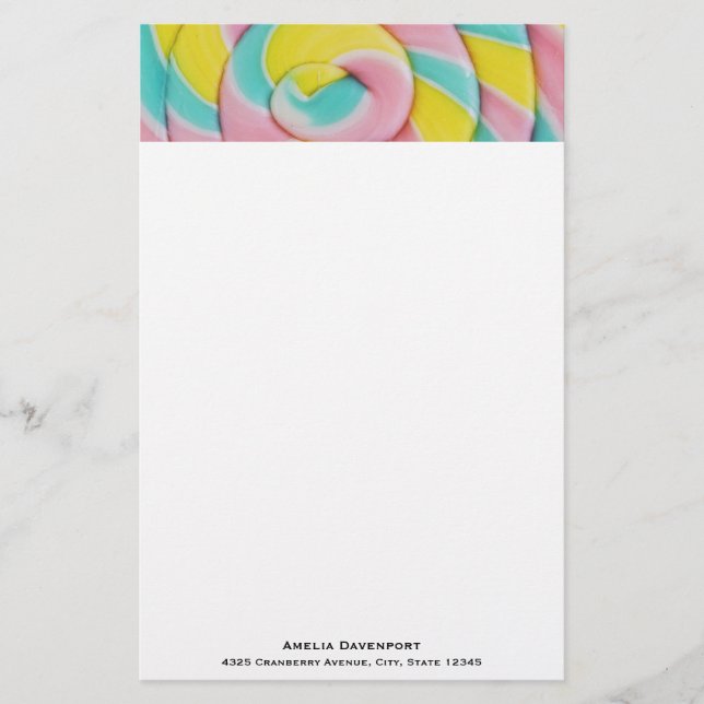 Pastel Rainbow Spiral Candy Photo Stationery (Front)