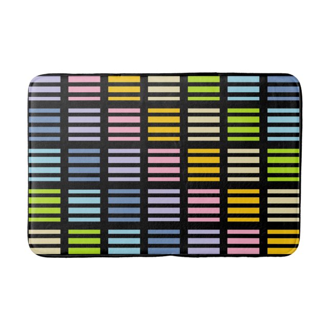 Pastel Rainbow Squares and Stripes Black Bathroom Mat (Front)