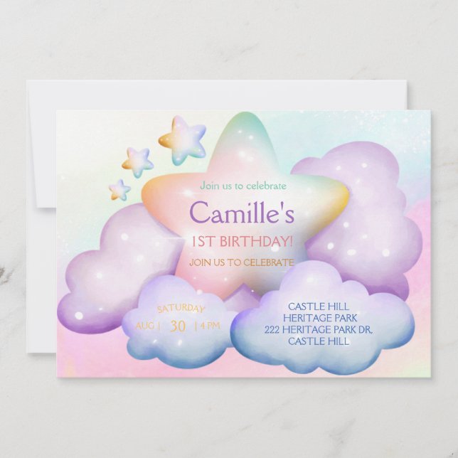  Pastel rainbow  star & clouds birthday Invitation (Front)