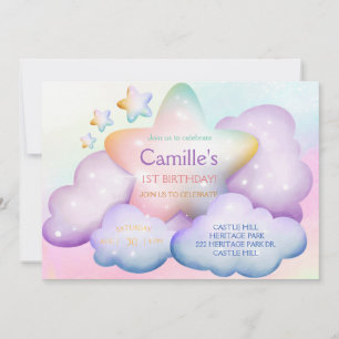 Pastel rainbow star & clouds birthday Invitation