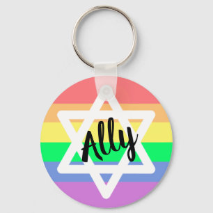 Pastel Rainbow Star of David LGBTQ Ally Message Keychain