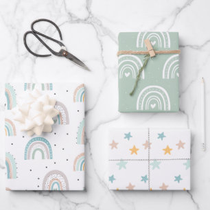 Pastel Rainbow Stars Baby Gren Blue Wrapping Paper Sheets