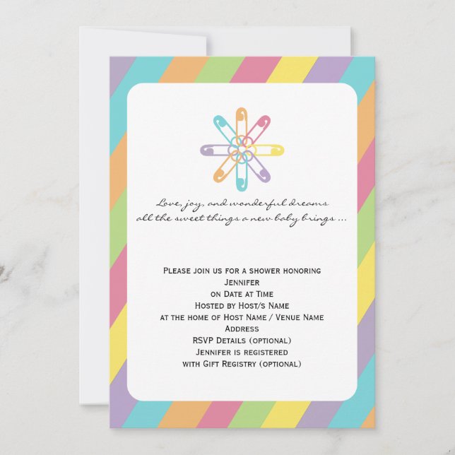 Pastel Rainbow Stripe Diaper Pin Baby Shower Invitation (Front)