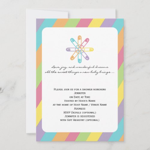 Pastel Rainbow Stripe Diaper Pin Baby Shower Custom Announcement