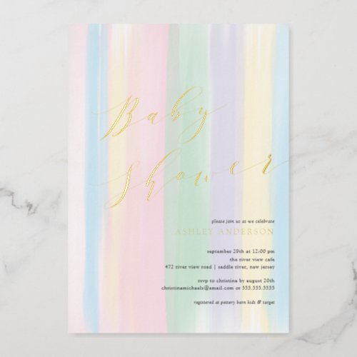Pastel Rainbow Stripes Baby Shower Foil Invitation