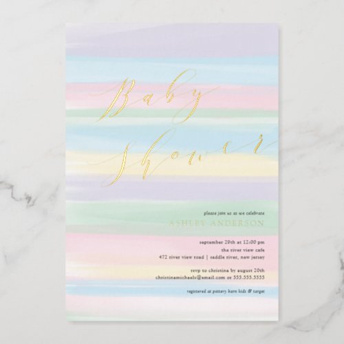Pastel Rainbow Stripes Baby Shower Foil Invitation