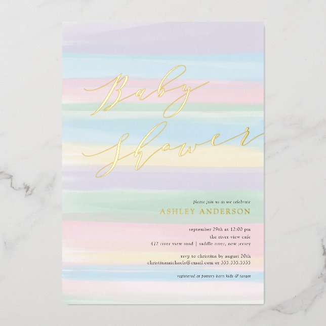Pastel Rainbow Stripes Baby Shower Foil Invitation (Front)