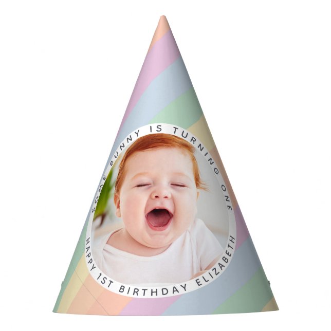 Pastel Rainbow Stripes Happy Birthday Photo Party Hat (Front)