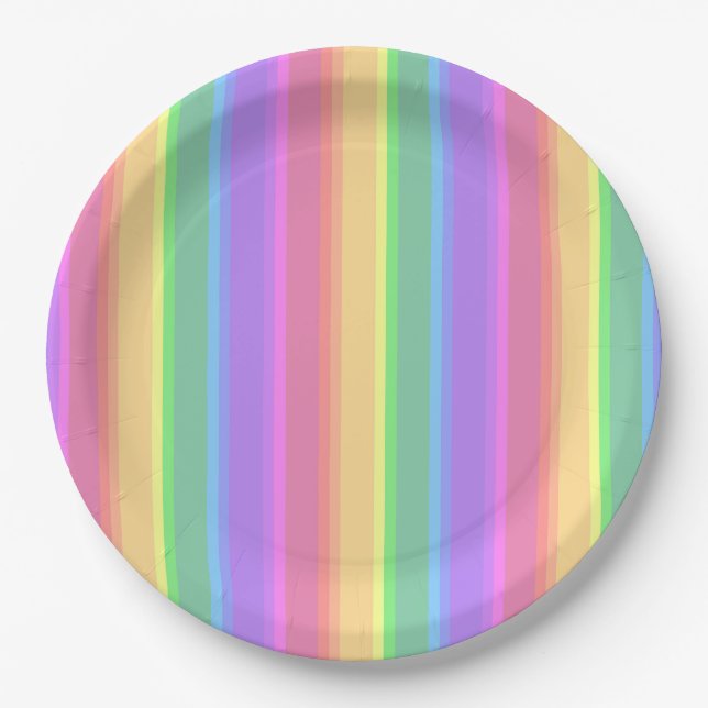 Pastel rainbow stripes paper plates (Front)