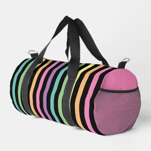 Pastel Rainbow Stripes Pattern on Black Duffle Bag