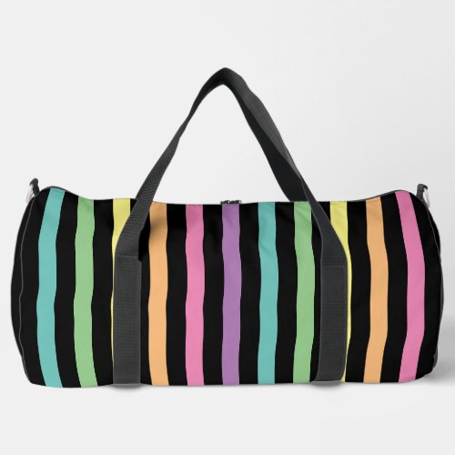 Pastel Rainbow Stripes Pattern on Black Duffle Bag