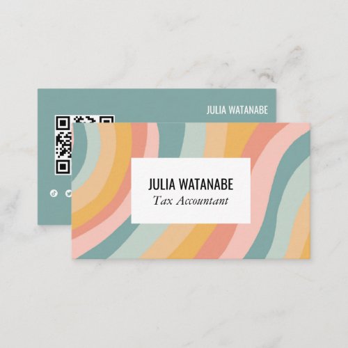 Pastel Rainbow Stripes QR Code Social Media Chic Business Card