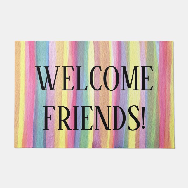 Pastel Rainbow Stripes Welcome Friends Door Mat (Front)