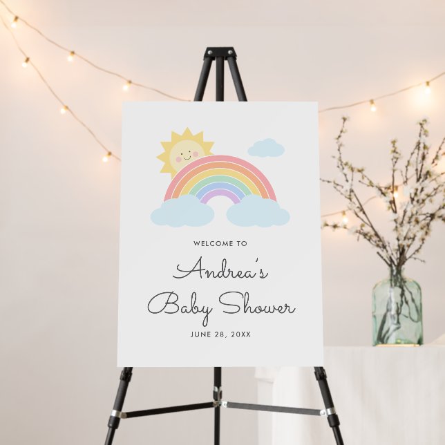 Pastel Rainbow Sunshine Baby Shower Welcome Sign (In Situ (Stand))
