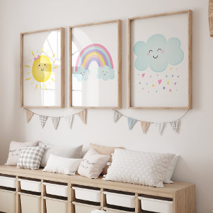 Pastel Rainbow Sunshine Clouds Nursery Wall Art Sets