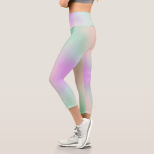 Pastel rainbow swirl silver star cute pink teal capri leggings