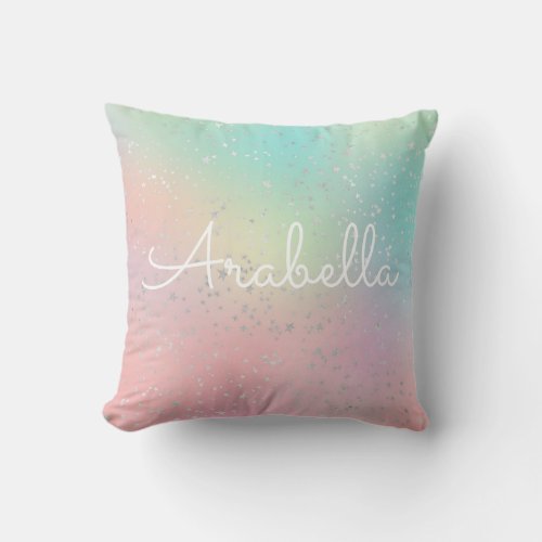 Pastel rainbow swirl silver stars cute pink teal  throw pillow