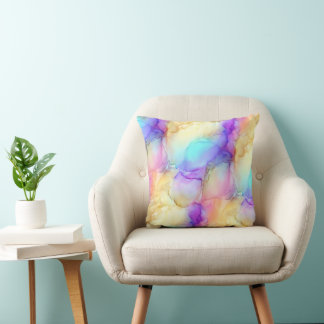 Pastel Rainbow Teal Purple and Yellow Fluid Marble Throw Pillow