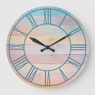 Pastel Rainbow Teal Roman Numerals Large Clock