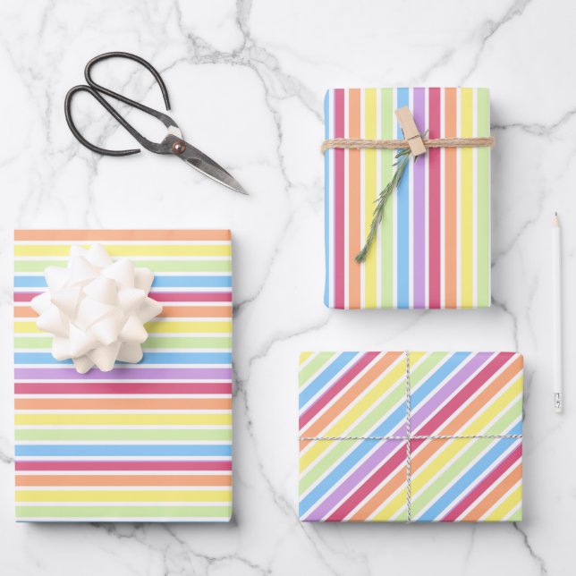 Pastel Rainbow Thin Stripes Wrapping Paper Sheets (Front)
