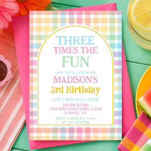 Pastel Rainbow Three Times The Fun 3rd Birthday Invitation