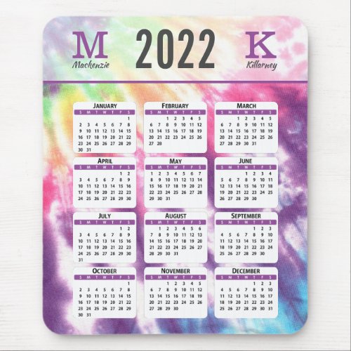 Pastel Rainbow Tie Dye 2022 Calendar Monogram Name Mouse Pad