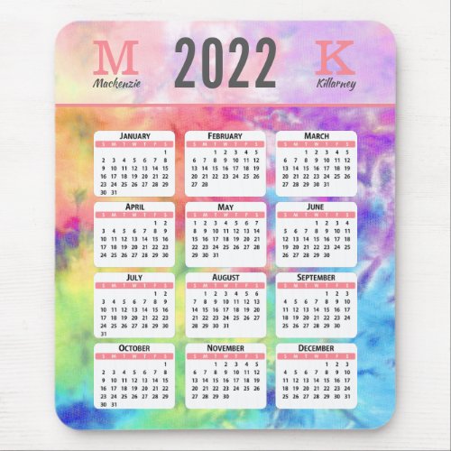 Pastel Rainbow Tie Dye 2022 Calendar Monogram Name Mouse Pad