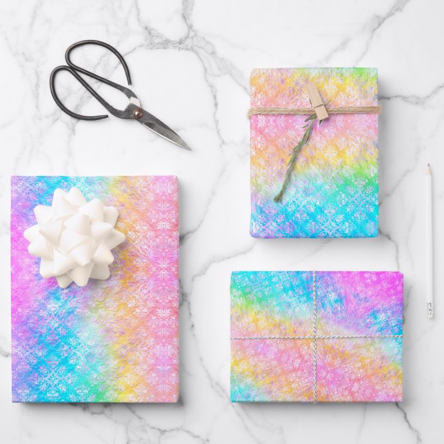 Pastel Rainbow Tie-Dye Fractal All-Occasion Wrapping Paper Sheets (Front)