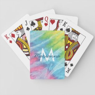 Pastel Rainbow Tie Dye Monogram Name Playing Cards