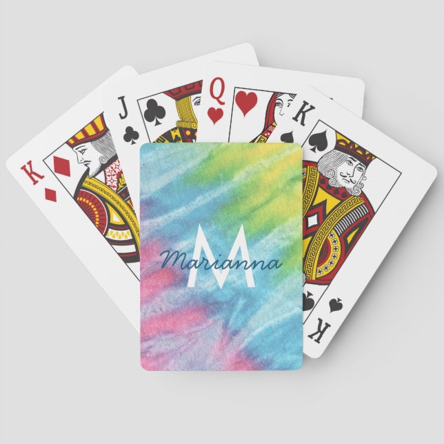 Pastel Rainbow Tie Dye Monogram Name Poker Cards (Back)