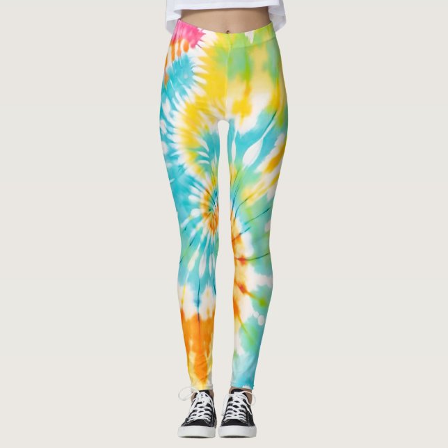 Pastel Rainbow Tie Dye Spiral Pattern Leggings (Front)