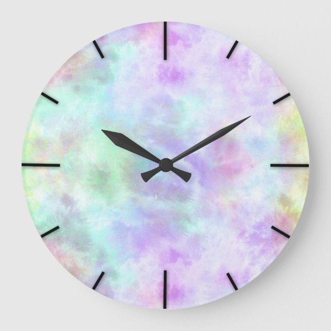 Pastel Rainbow Tie-Dye Watercolor Painting Large Clock (Front)