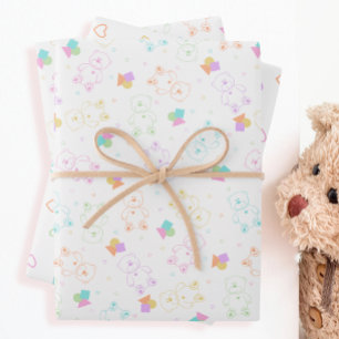 Pastel Rainbow Tossed Teddy Bears with Hearts Wrapping Paper Sheets
