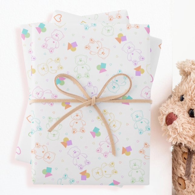 Pastel Rainbow Tossed Teddy Bears with Hearts Wrapping Paper Sheets (Creator Uploaded)