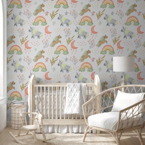 Pastel Rainbow Unicorn Baby Nursery Wallpaper