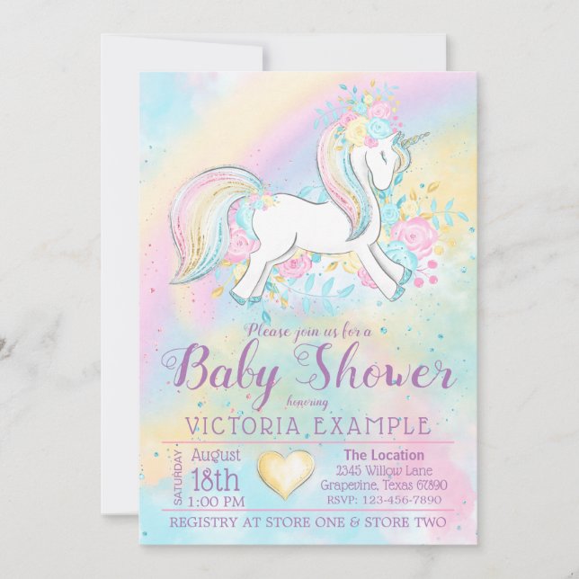 Pastel Rainbow Unicorn Baby Shower Invitations (Front)
