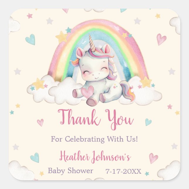 Pastel Rainbow Unicorn Baby Shower Square Sticker (Front)