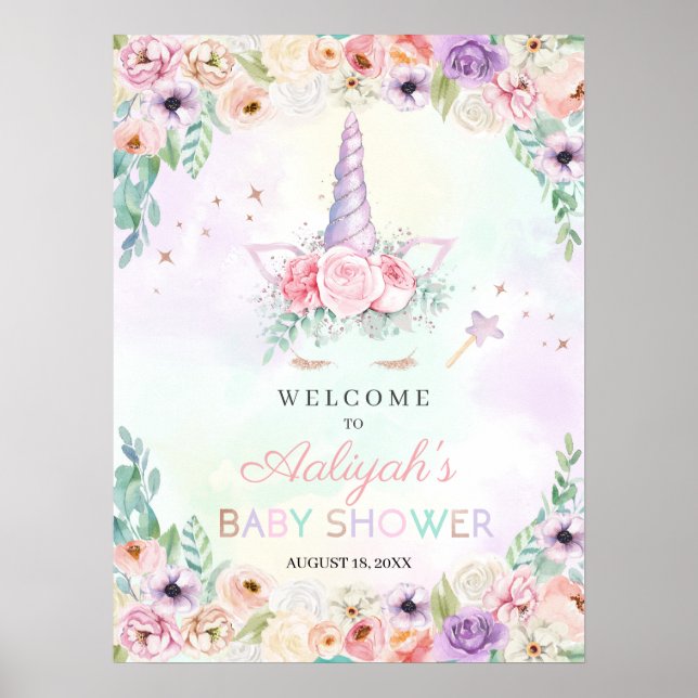 Pastel Rainbow Unicorn Baby Shower Welcome Sign (Front)