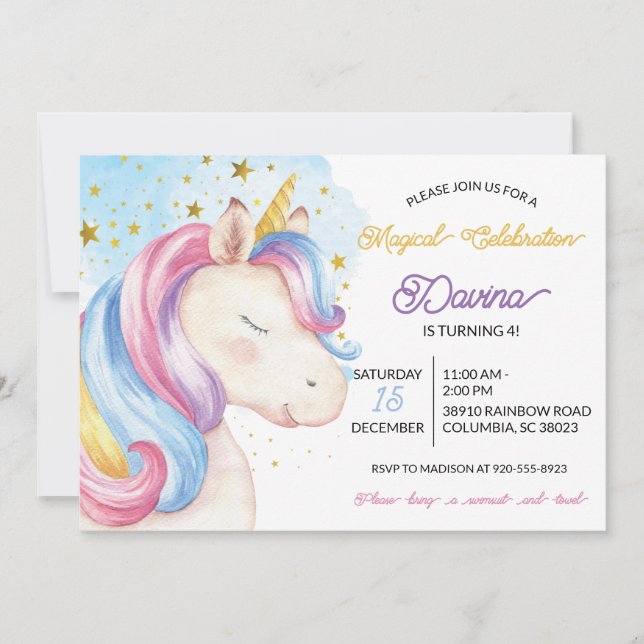Pastel Rainbow Unicorn Birthday Invitation (Front)
