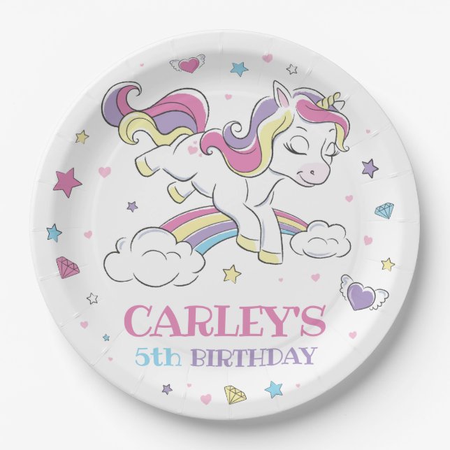 Pastel Rainbow Unicorn Birthday Party, Any Age Paper Plates (Front)