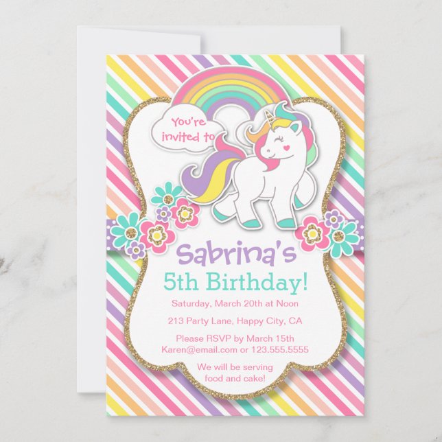 Pastel Rainbow Unicorn Birthday Party Invitation (Front)