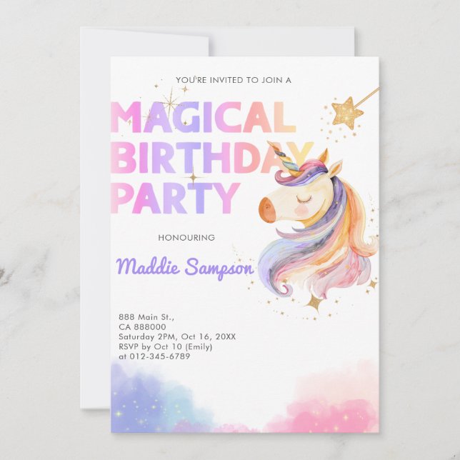 Pastel Rainbow Unicorn Birthday Party Invite Girl (Front)
