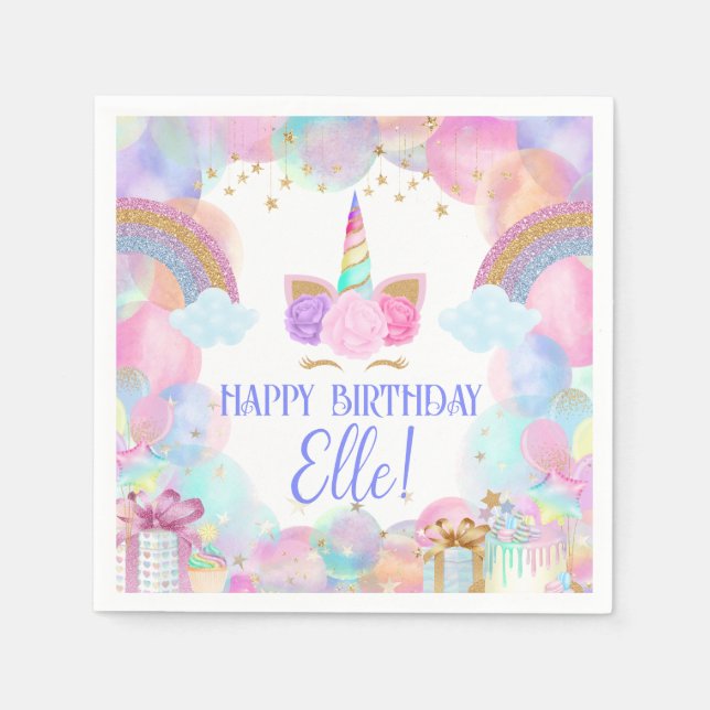 Pastel Rainbow Unicorn Birthday Party Napkins (Front)